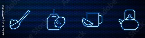 Set line Cup of tea with lemon, Spoon sugar, Tea bag and Kettle handle. Glowing neon icon on brick wall. Vector