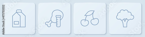 Set line Paper package for milk, Fresh berries, Genetically modified chicken and Broccoli. White square button. Vector