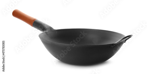 Empty iron wok isolated on white. Chinese cookware