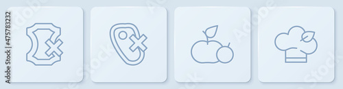 Set line No leather, Apple, meat and Vegan food diet. White square button. Vector