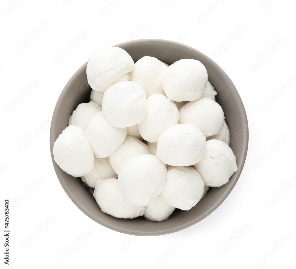 Bowl with mozzarella cheese balls on white background, top view Bowl with mozzarella cheese balls on white background, top view