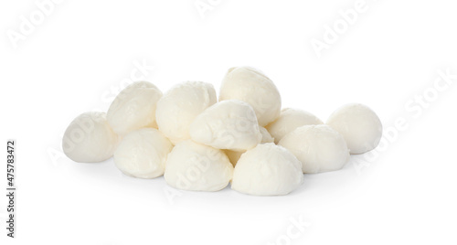 Pile of mozzarella cheese balls on white background