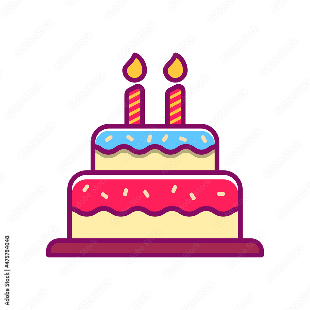 Simple and cute birthday cake vector illustration. Birthday cake icon in linear color style Simple and cute birthday cake vector illustration. Birthday cake icon in linear color style