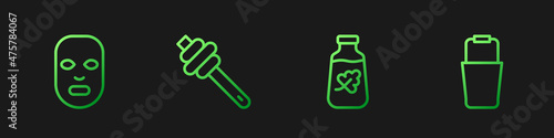 Set line Essential oil bottle, Facial cosmetic mask, Honey dipper stick and Sauna bucket. Gradient color icons. Vector