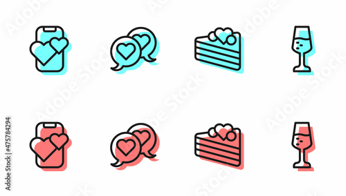 Set line Wedding cake, Dating app online mobile, Heart speech bubble and Glass of champagne icon. Vector