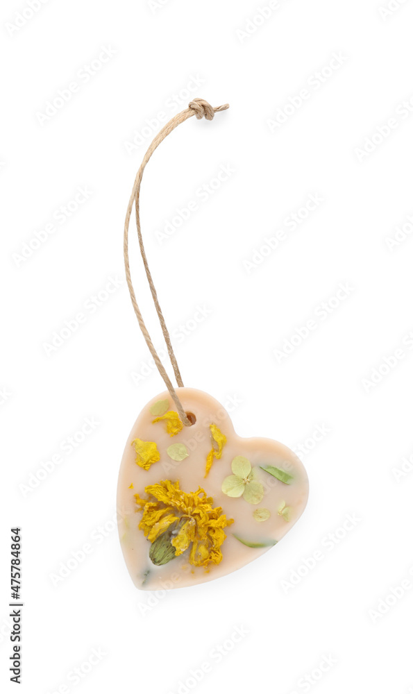 Beautiful scented sachet with flowers isolated on white