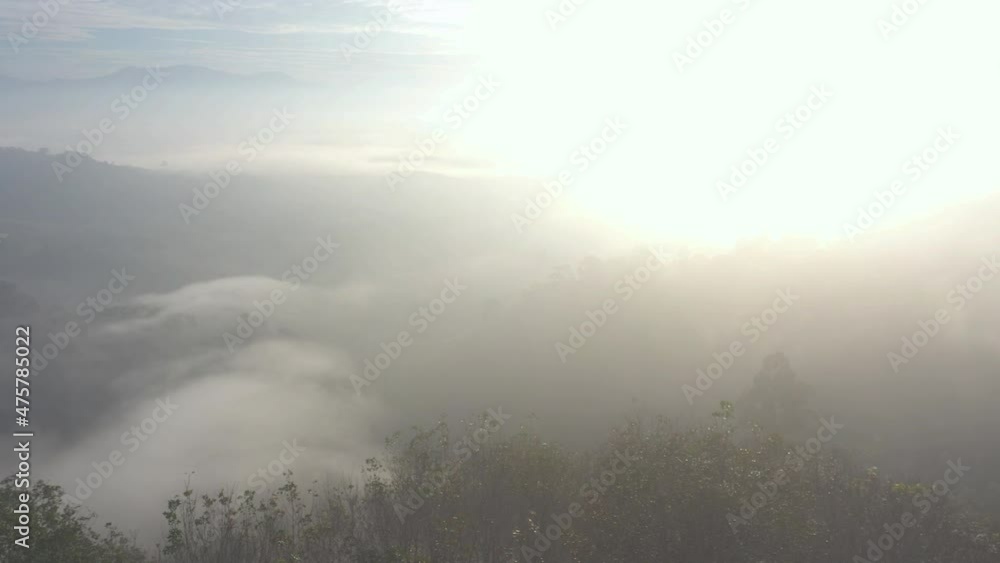slow floating fog blowing cover on the top of mountain look like as a sea of mist. .In the morning the cold weather is make floating fog on the mountain as a sea of mist .white cloud in blue sky slow floating fog blowing cover on the top of mountain look like as a sea of mist. .In the morning the cold weather is make floating fog on the mountain as a sea of mist .white cloud in blue sky