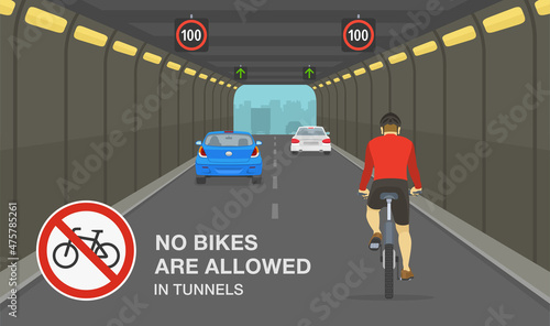 Safety driving rules. City tunnel restrictions. Cyclist ignoring road or traffic rule and riding his bike in high-speed tunnel. No bikes are allowed in tunnels sign. Flat vector illustration template.
