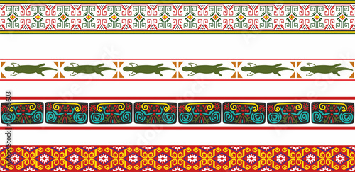 Vector set of seamless colored border ornaments. Native American tribal framework.
