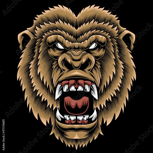 Colorful dangerous angry gorilla head in vintage style isolated vector illustration