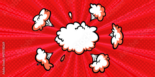 Surprising boom cloud in halftone background for sales and promotions. Banner template for surprises and bursting events. Vector illustration in pop art style