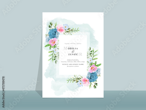 Beautiful blue and pink flowers wedding invitation card