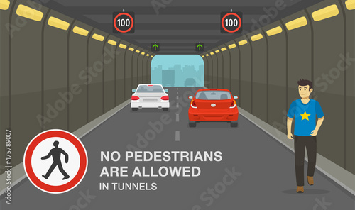 Safety driving rules. City tunnel restrictions. Man ignoring road or traffic rule and walking through high-speed tunnel. No pedestrians are allowed in tunnels sign. Flat vector illustration template. © flatvectors