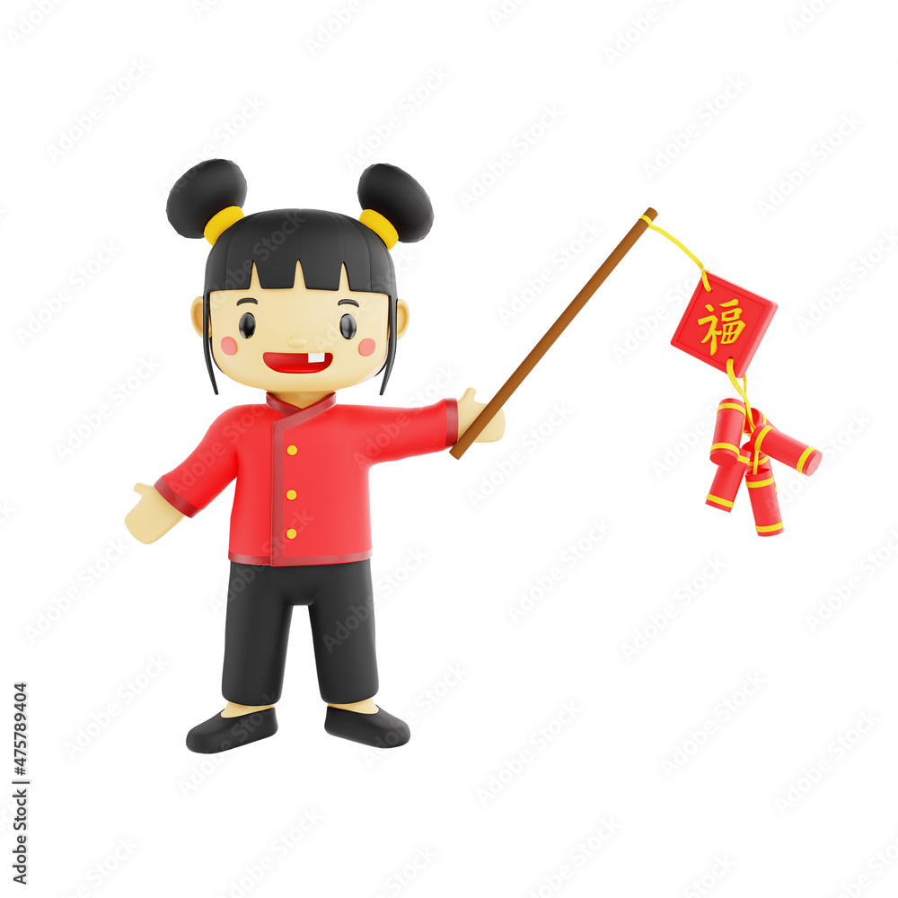 3d female chibi character holding a firecracker in chinese new year
