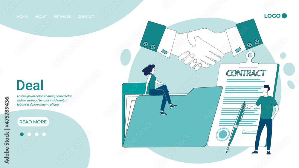 Deal.Signing the contract.People conclude a contract and seal it with a handshake.An illustration in the style of a landing page in green.