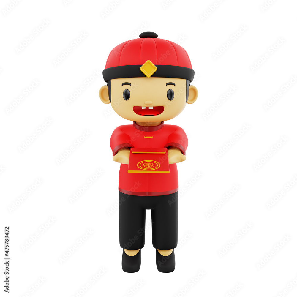 3d male chibi character giving red envelope in chinese new year
