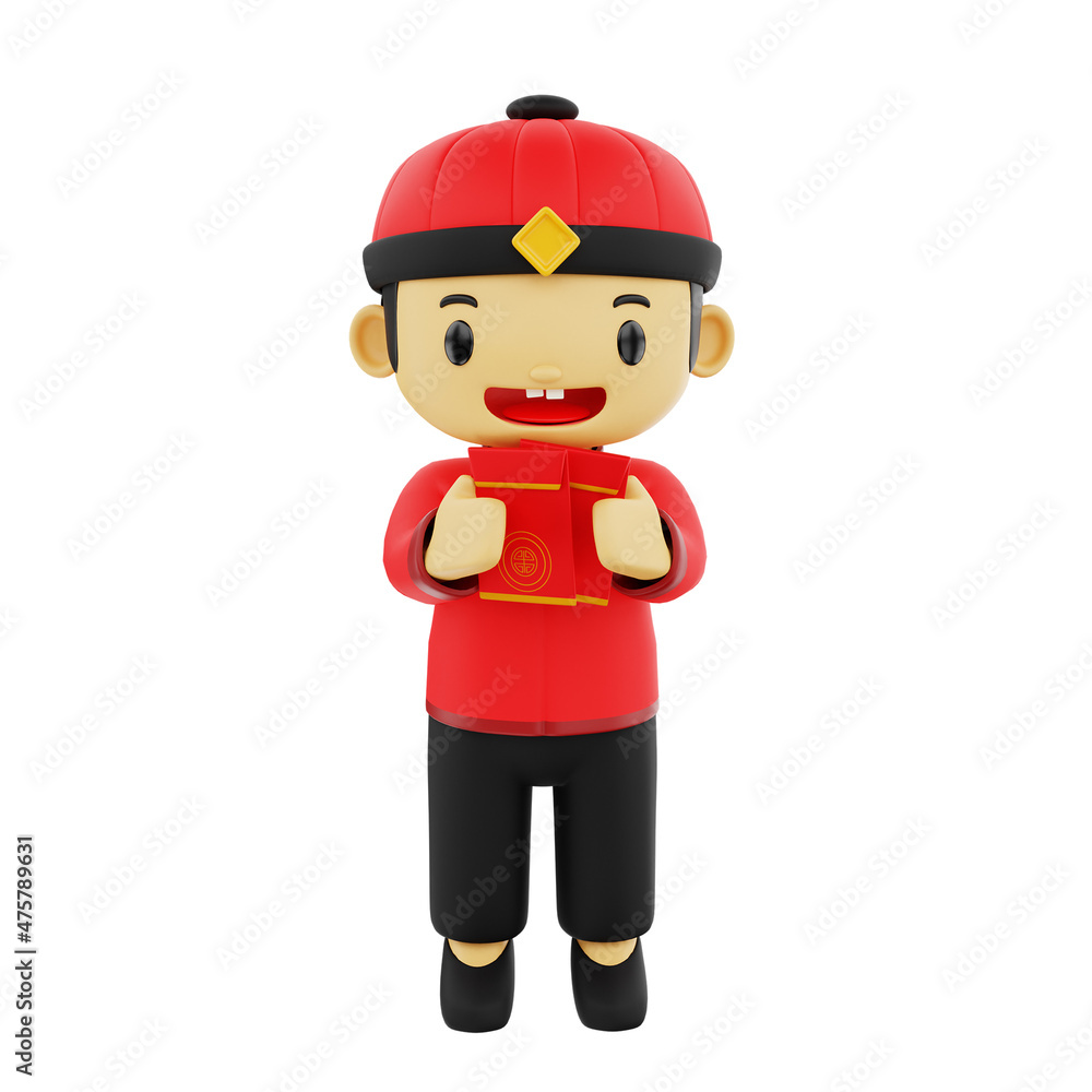 3d male chibi character with red envelope in chinese new year