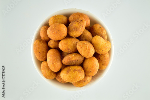 Top View of Spicy Coated Peanuts in Bowl