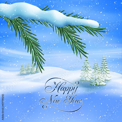 Festive winter landscape, New Year. Blizzard and spruce branches.	