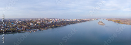 Fotografie Aerial shot of Galati cityscape, Romania, at Danube River