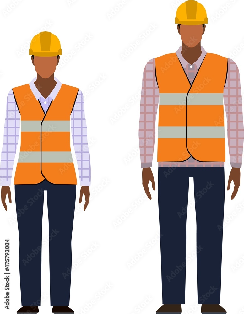 Builder woman and builder man. Flat vector illustration of African American construction workers Builder woman and builder man. Flat vector illustration of African American construction workers