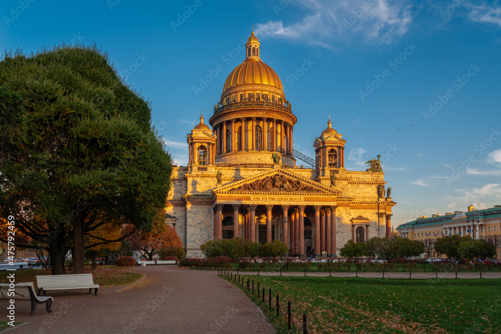View of the St. Isaac's Square and the St. Isaac's Cathedral on a sunny autumn day, St. Petersburg, Russia