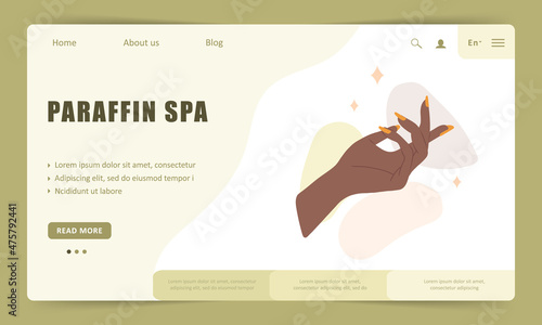 Paraffin therapy and massage concept. Landing page template. Moisturizing wax from skin care. Groomed african female hands. Vector illustration in flat cartoon style.