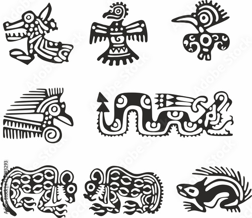 Vector set of Native American symbols, Aztec, Maya, Inca. figurines of Native American tribes.
 photo
