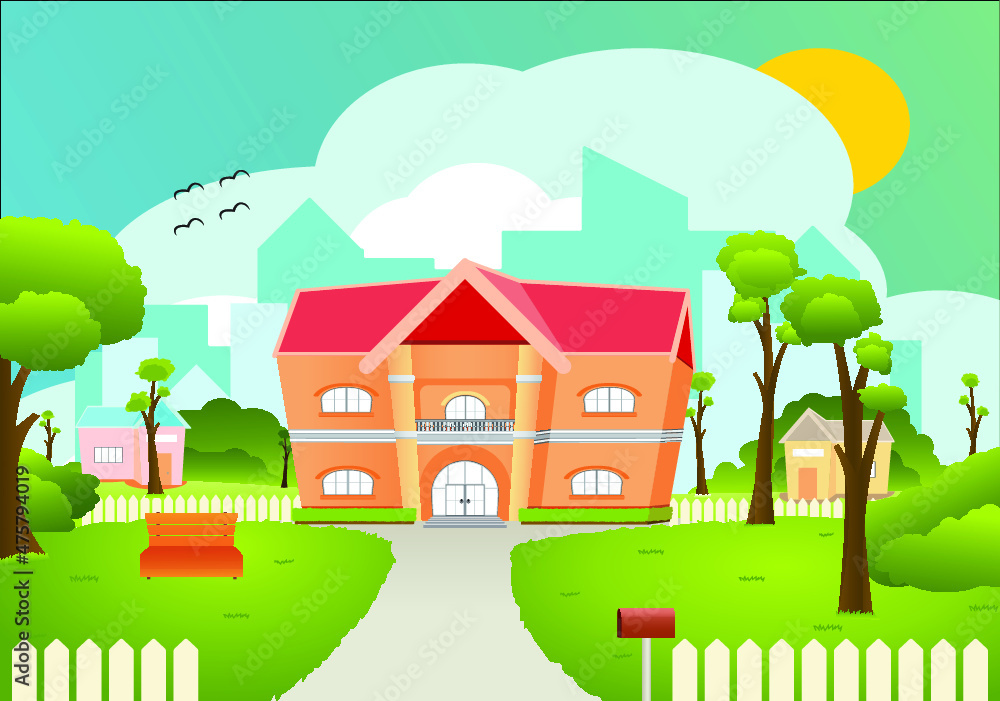 Vector cartoon illustration of beautiful suburban houses and blooming garden, with city buildings on a background