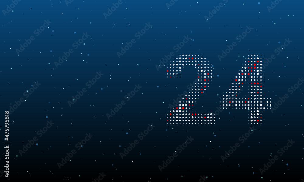 On the right is the around the clock symbol filled with white dots. Background pattern from dots and circles of different shades. Vector illustration on blue background with stars On the right is the around the clock symbol filled with white dots. Background pattern from dots and circles of different shades. Vector illustration on blue background with stars