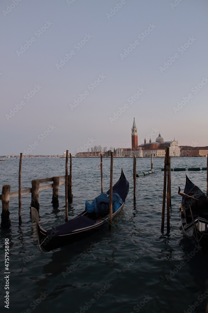 Sunset in San Marco square, Venice, Italy. Venice Grand Canal. Architecture and landmarks. Venice postcard with Venice gondolas