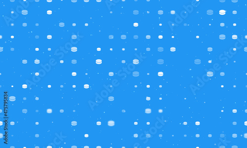 Seamless background pattern of evenly spaced white hockey pucks of different sizes and opacity. Vector illustration on blue background with stars