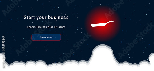 Business startup concept Landing page screen. The pan symbol on the right is highlighted in bright red. Vector illustration on dark blue background with stars and curly clouds from below