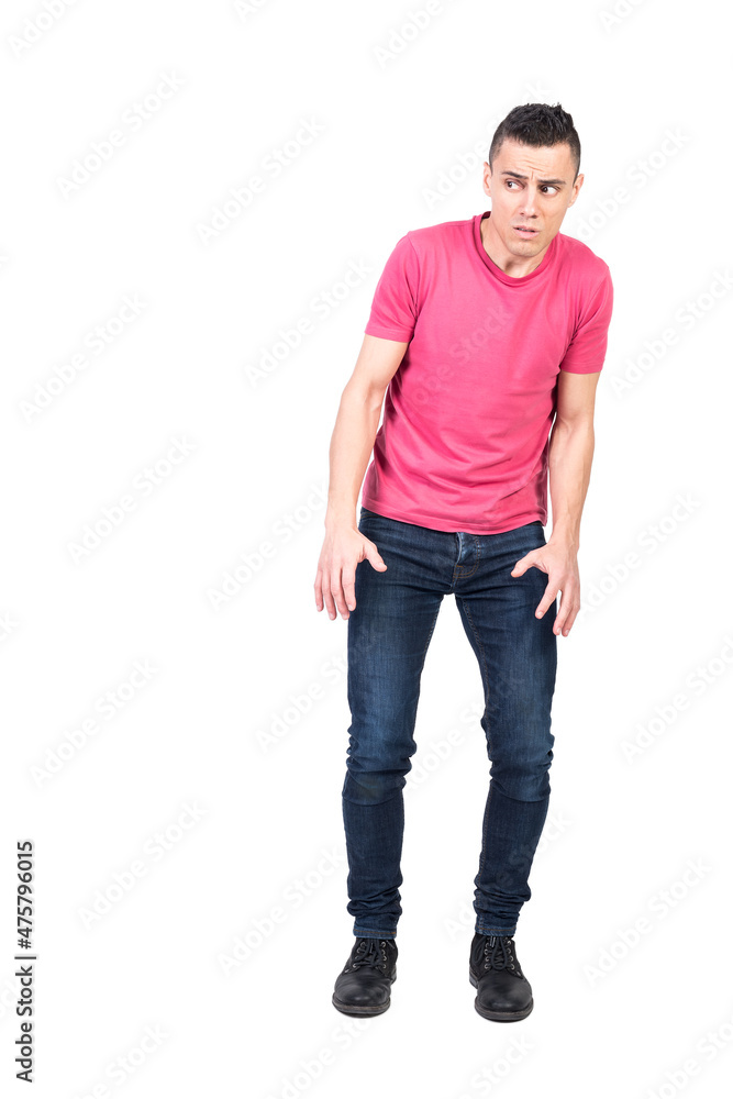 Scared man looking away with caution Scared man looking away with caution