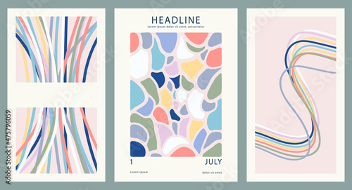 Set of three posters for typography, decor design, covers. Abstract illustration with various shapes, thick curved lines, threads, rectangles in pastel colors on a light background.