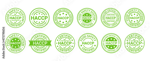 HACCP stamps. Food safety system badge. Certified emblem. Hazard analysis and Critical Control Points seal imprint. Quality warranty marks. Set icons isolated on white background. Vector illustration