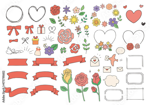 いろんな花やリボン、フレームのセット（カラー）