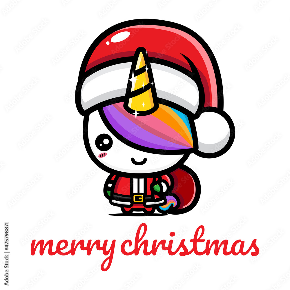 cute unicorn character design celebrating christmas wearing santa claus costume