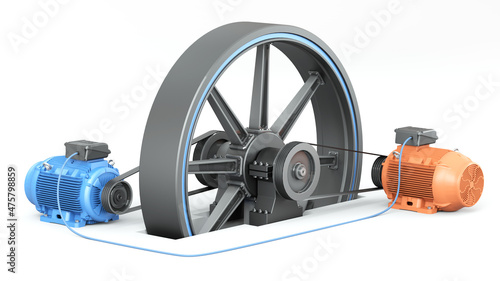 Perpetual motion machine concept. Law of energy conservation. Electric motor, flywheel and generator. 3d illustration