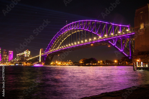 Photography Sydney Harbour Bridge with purple lights in Bradfield Park Milsons Australia