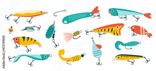 Doodle fishing lure. Abstract contemporary fishery baits of different sizes and shapes for angler. Colored hand drawn fisher accessories with hooks. Vector isolated plastic wobblers set