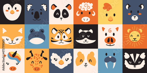 Animal portraits. Wild and domestic creature avatars. Minimalistic penguin, toad and panda heads. Koala, sheep or chick faces. Fluffy fox, tiger and raccoon. Vector birds and mammals set