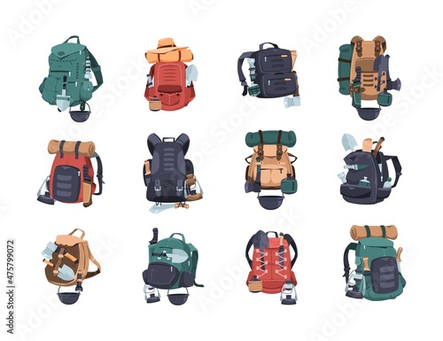 Hiking bags. Camping and travel rucksack for mountain hiking and expedition. Military adventure knapsack. Active outdoor leisure haversacks. Camper baggage. Vector retro backpacks set