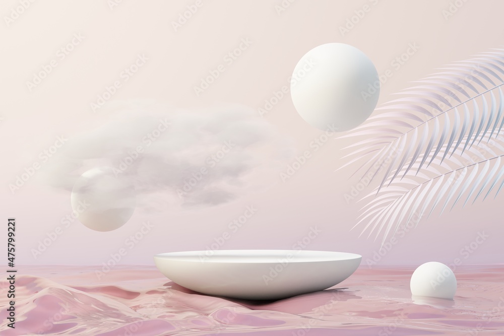 3d Beauty premium pedestal product display with Dreaming land and fluffy cloud. Minimal pastel sky and clouds scene for present product promotion and beauty cosmetics. Romance land of Dreams concept.