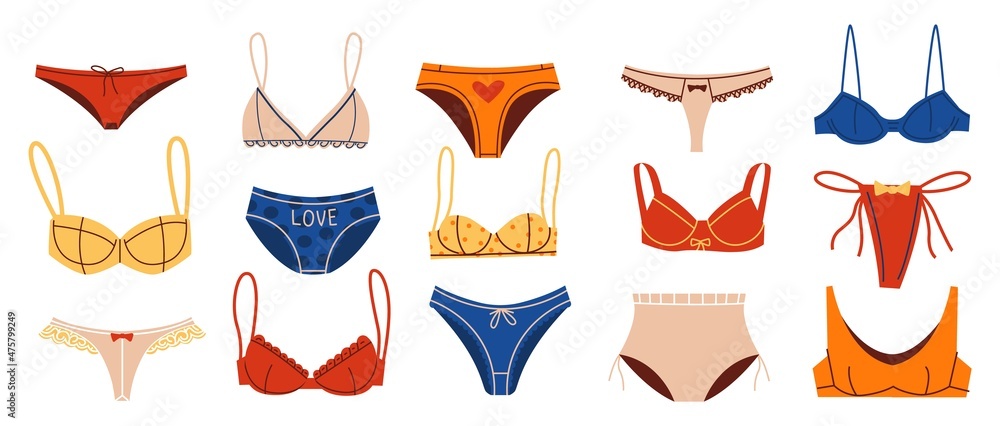 Women lingerie. Doodle underwear clothing. Swimming suit. Bra and bikini  panties. Undies with thongs and laces. Fashion underclothes collection.  Vector female everyday underpants set Векторный объект Stock