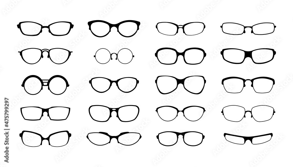 Rim glasses. Black silhouette of spectacles plastic lens frame design. Vintage eyewear style. Eyes care. Optic accessories collection. Vector vision protection retro eyeglasses set Rim glasses. Black silhouette of spectacles plastic lens frame design. Vintage eyewear style. Eyes care. Optic accessories collection. Vector vision protection retro eyeglasses set