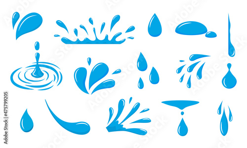 Water drop icon. Blue raindrop and droplet logo. Graphic drip and oil splash. Liquid falling dew and fluid splatter. Pure fresh drink. Clean aqua elements. Vector dripping blobs set