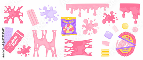 Bubble gum splashes. Cartoon chewing candy pink splatters. Stain and sticky stretching bubblegum shapes. Gummy stripe and sweet dragees. Liquid borders. Chewy spots. Vector blots set photo