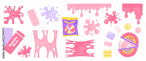 Bubble gum splashes. Cartoon chewing candy pink splatters. Stain and sticky stretching bubblegum shapes. Gummy stripe and sweet dragees. Liquid borders. Chewy spots. Vector blots set