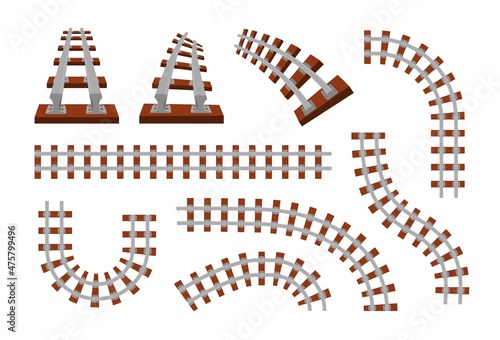 Train rails. Top view of railroad for cargo locomotives, subway and tram. Transport route travel symbol. Turns and straight railway parts. Vector metal railings and wooden sleepers set